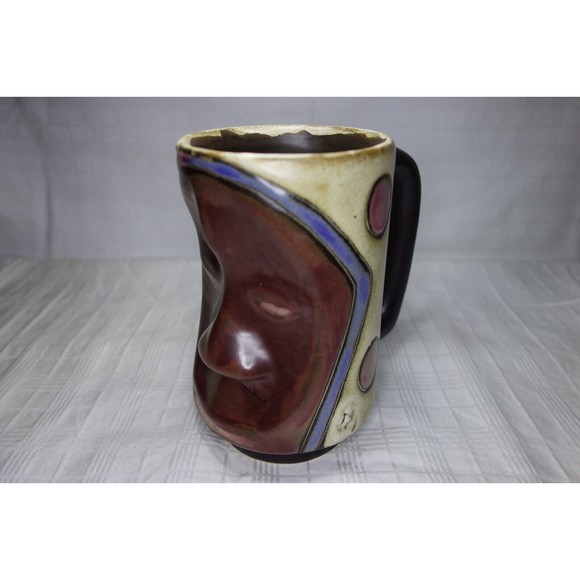 Signed Mara Stoneware Pottery Tribal Face Mug 6" Tall Made in Mexico - Picture 4 of 12